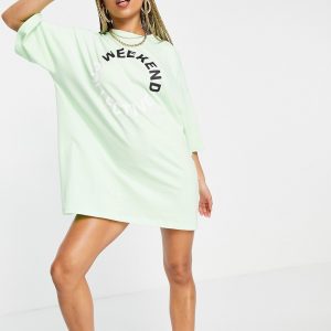 ASOS - Weekend Collective - Limegrøn oversized T-shirtkjole med farvet logo